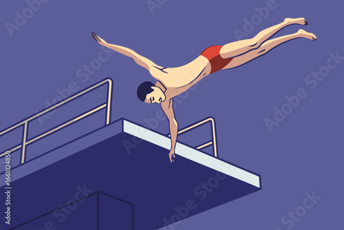 Dramatic diving platform scene capturing athlete's powerful mid-air flip, peak athletic performance, competition focus.