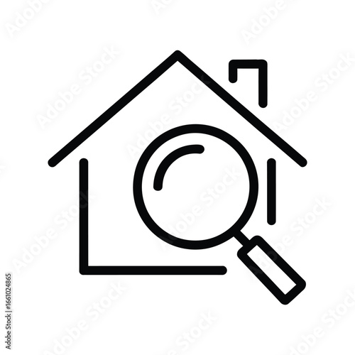 House with a magnifying glass outline icon, a simple graphic for real estate search and home inspection.


