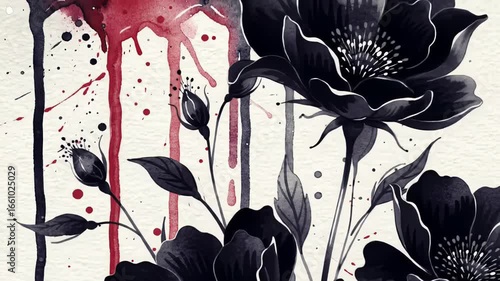 A dramatic abstract watercolor illustration of black flowers with red paint drips and splashes
