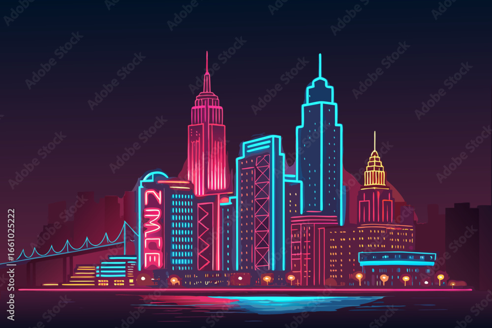 Fototapeta premium Dynamic Create Bold Stroke Neon Skyline With Lights Creative Visual