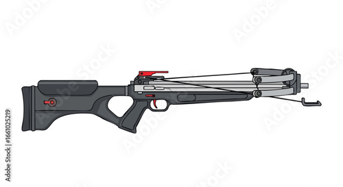 Illustration showing a modern crossbow with black and silver finishes suitable for archery and tactical use sports equipment shooting armory safety