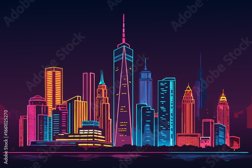 Dynamic Create Bold Stroke Neon Skyline With Lights Premium Digital Asset