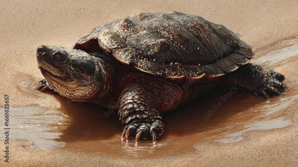 Obraz premium Turtle on sandy shoreline
