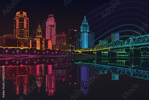 Create Bold Stroke Riverfront Skyline Reflection Creative Visual Perfect for Editorial Content