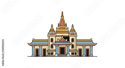 Stylized illustration of an elaborate building featuring a central tower and symmetrical architectural elements rendered in a flat design aesthetic
