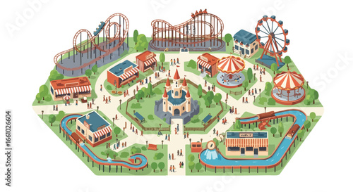 Whimsical isometric illustration showcasing a vibrant amusement park with rollercoasters and a fairytale castle