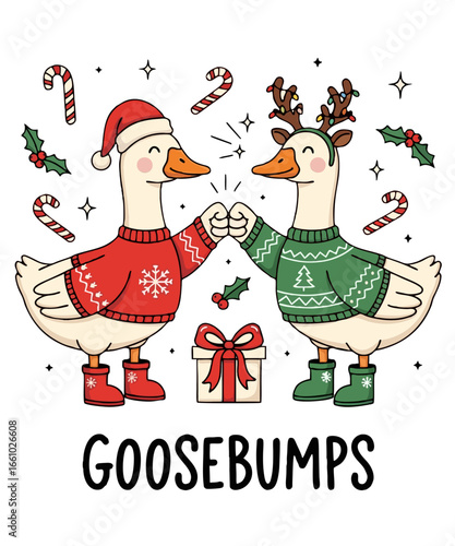 Funny Christmas geese fist bump in holiday sweaters with candy canes – punny Goose Bumps cartoon illustration for stickers, T-shirts, cards, social posts and festive printables