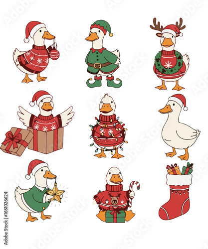 Christmas goose clipart set - 9 cute holiday characters: sweaters, elf, reindeer antlers, gifts, candy cane, lights, stocking, star; hand-drawn stickers for cards and prints
