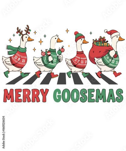 Merry Goosemas geese crossing - cute Christmas geese in sweaters and hats with gifts and stars; festive cartoon illustration for cards, stickers, T-shirts and prints