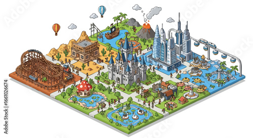 Whimsical isometric amusement park illustration showcasing diverse themed zones and miniature people enjoying various attractions like