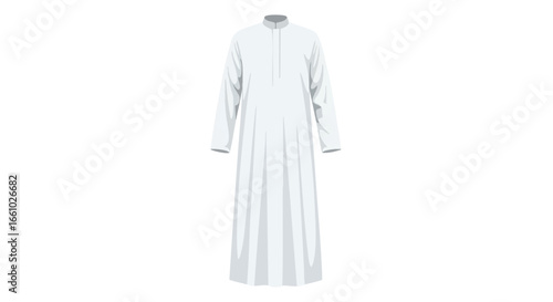 Elegant white thobe illustration showcasing traditional Islamic attire for men, crafted with subtle shading and clean lines for cultural