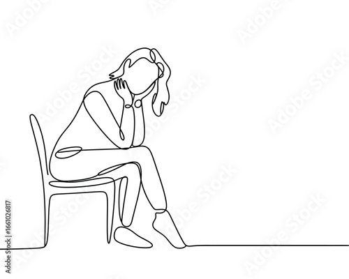 Woman sitting on chair with head in hands in continuous line drawing style