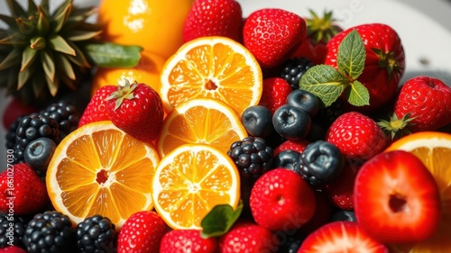 A vibrant display of mixed fruits featuring oranges strawberries blueberries and blackberries in a close up shot