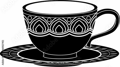 Stylized teacup with decorative pattern on a saucer in black and white vector illustration design silhouette