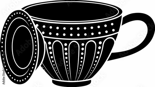 Stylized teacup with a lid featuring dotted patterns in black and white minimalist illustration style silhouette