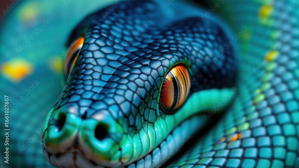 Fototapeta premium Close up shot of a blue and green snake with orange eyes coiled and looking at the viewer intently