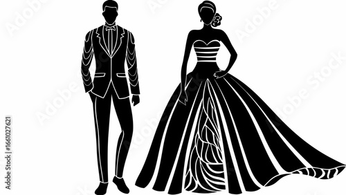 Silhouette illustration of a groom in a suit and a bride in a gown standing next to each other