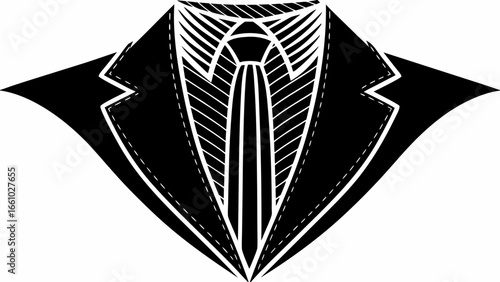 Stylized black and white illustration of a suit jacket with a tie and dress shirt design element silhouette