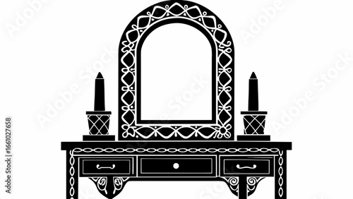 Ornate vanity table with arched mirror and candle holders in a black and white silhouette design style