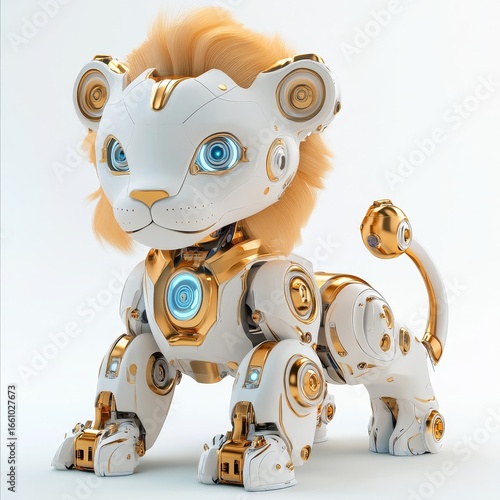 Cute lion robot, a whimsical robotic animal isolated over a white background. 3D rendering, Generative AI