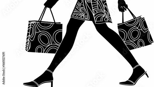 Silhouette of a woman carrying shopping bags with circular patterns and wearing high heeled shoes walking