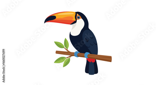 Stylized toucan illustration perched on a branch conveying tropical wildlife and artistic simplicity represented in a vibrant and cheerful artwork