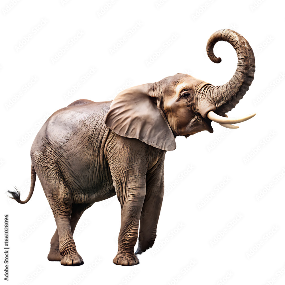 Obraz premium an elephant spraying water from its trunk isolated on white background, png, ai generated.