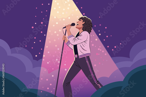 Pop star singing under a glowing spotlight with stage effects.