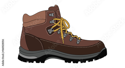 Isolated illustration of a brown hiking boot with yellow patterned laces suitable for outdoor activities and adventures footwear