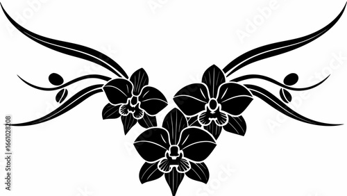 Black and white floral arrangement featuring three orchids with stylized leaves and decorative elements silhouette