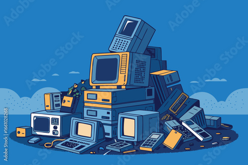Towering heap of discarded electronic waste, obsolete computers, old telephones, tangled wires, circuit boards, tech graveyard, digital refuse, e-waste dump.