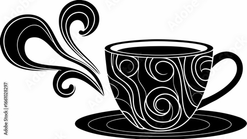 Stylized black and white illustration of a coffee cup with steam and decorative swirl patterns design silhouette