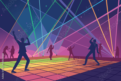 Vibrant rave party scene with electrifying laser beams.