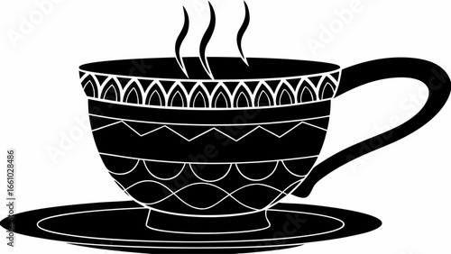 Stylized black and white illustration of a teacup with steam and decorative patterns on a saucer silhouette