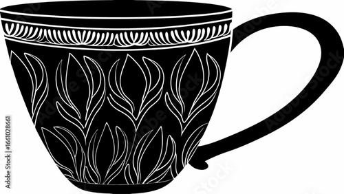 Illustration of a black teacup with a handle and white floral designs on the surface of the cup shape silhouette