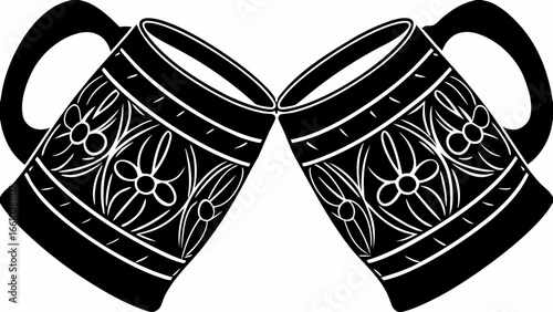 Two black beer steins with floral designs clinking together in a celebratory toast illustration style art silhouette