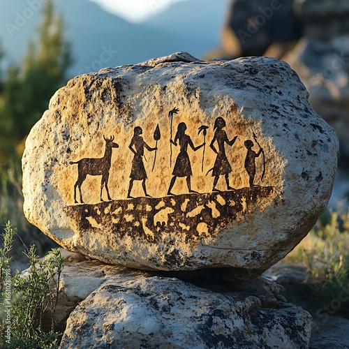 Ancient rock art depicting a hunting scene of prehistoric people and a deer photo