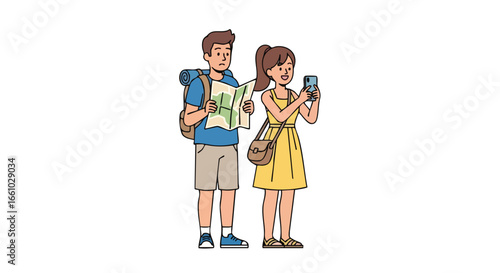 Couple explores unknown place using map and technology showcasing modern travel navigation and exploration adventure together
