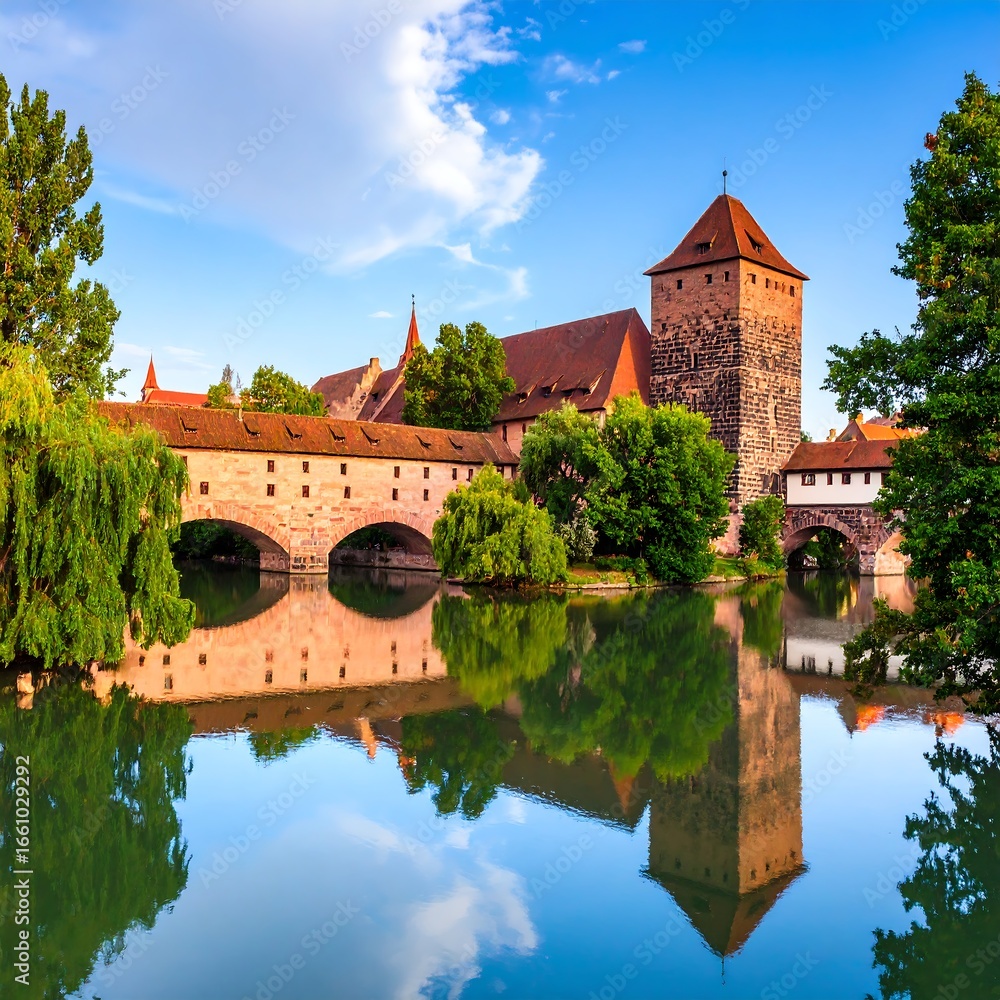 Fototapeta premium Medieval Bridge & Fortress Reflection, River City