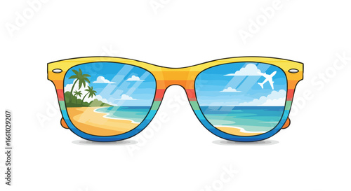 Vibrant sunglasses reflecting a tropical beach scene with a plane against a cloudy sky illustrating a travel destination