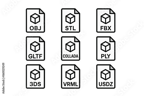Set of 3D file format icons. Vector line symbols for OBJ, STL, FBX, GLTF, PLY, 3DS, VRML, USDZ, COLLADA files. UI, UX elements for web, apps, 3D printing & modeling.