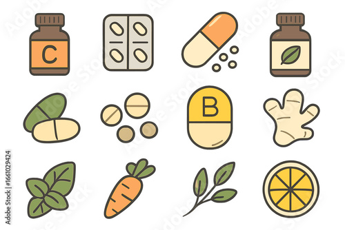 Health and wellness icon set with supplements, vitamins, and natural ingredients. Vector cartoon pack of pills, capsules, herbs, ginger, lemon for healthy lifestyle and nutrition.