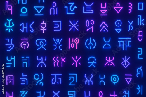 Techno Cyber Glyphs Seamless Pattern – Futuristic Neon Symbolic Code