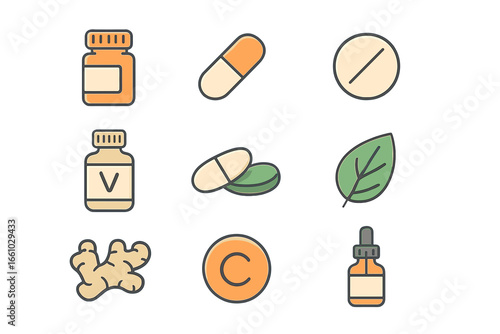Health and wellness icon set. Collection of supplements, vitamins, and natural ingredients. Vector icons of pills, capsules, bottles, ginger, and leaf for nutrition and healthcare.