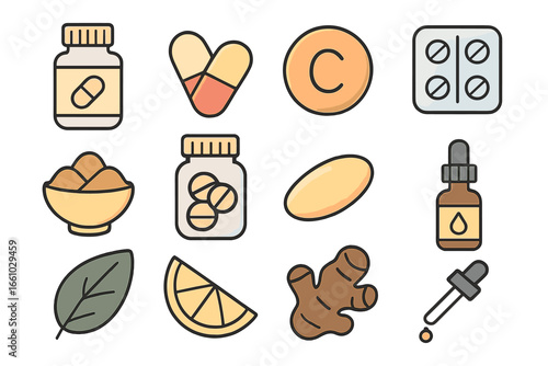 Supplements and vitamins icon set for health and wellness. Vector collection of pills, capsules, vitamin C, ginger, lemon, herbal remedies. Pharmacy and dietary concepts.