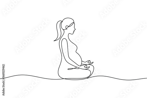 Pregnant woman meditating in lotus pose one line drawing