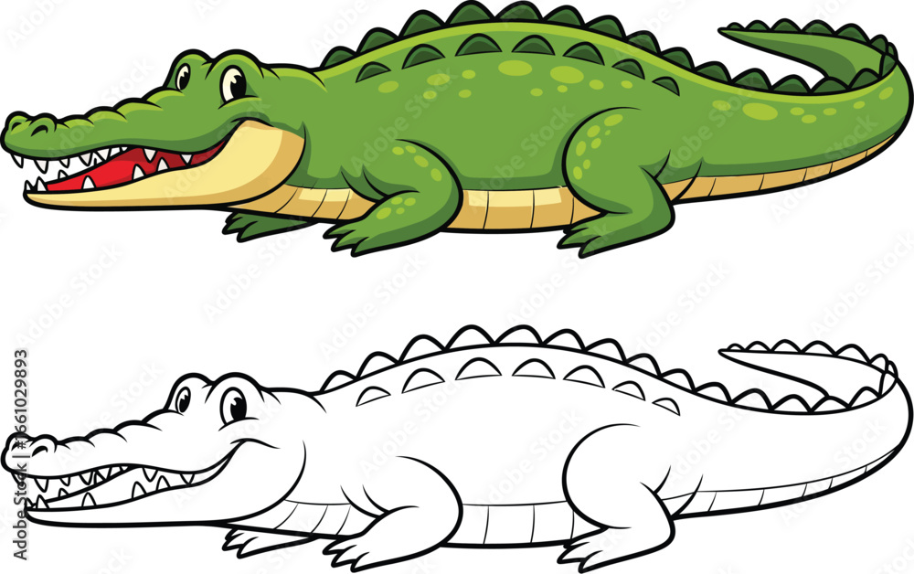 Fototapeta premium Cartoon Crocodile and Outline Vector Set