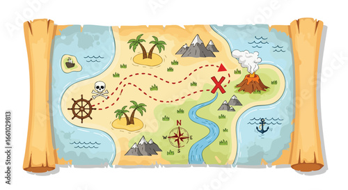 An illustrated vintage treasure map reveals a treacherous route amidst a whimsical landscape of adventure seeking for hidden riches across uncharted