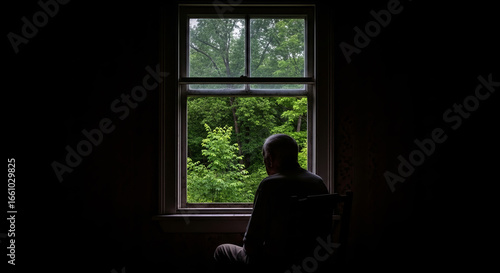 An elderly man sits near the window of an old house all alone.