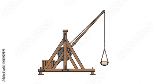 Conceptual depiction of a medieval trebuchet, a siege engine used for launching projectiles from a distance historically